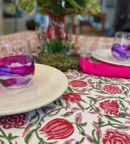 Elegant Floral Block Print Table Cloth is Festive. (60x90) Napkins and Placemats Available