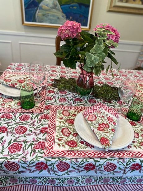 Elegant Floral Block Print Table Cloth is Festive. (60x90) Napkins and Placemats Available