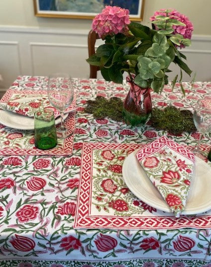 Elegant Floral Block Print Table Cloth is Festive. (60x90) Napkins and Placemats Available