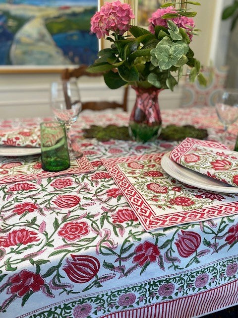 Elegant Floral Block Print Table Cloth is Festive. (60x90) Napkins and Placemats Available