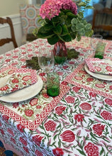 Elegant Floral Block Print Table Cloth is Festive. (60x90) Napkins and Placemats Available
