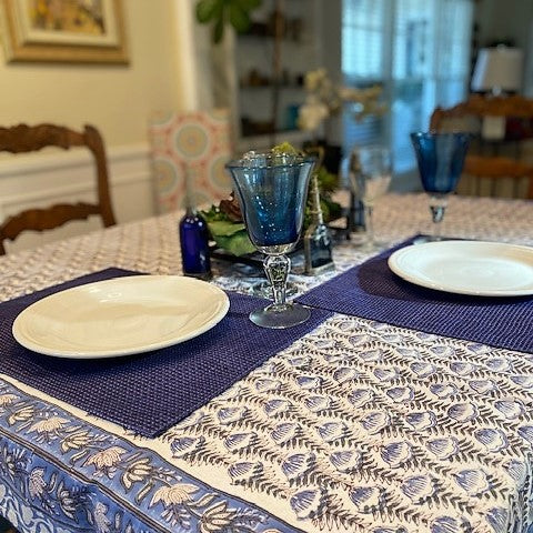 New Block Print Table Cloth in a Fresh Color Mix and Print