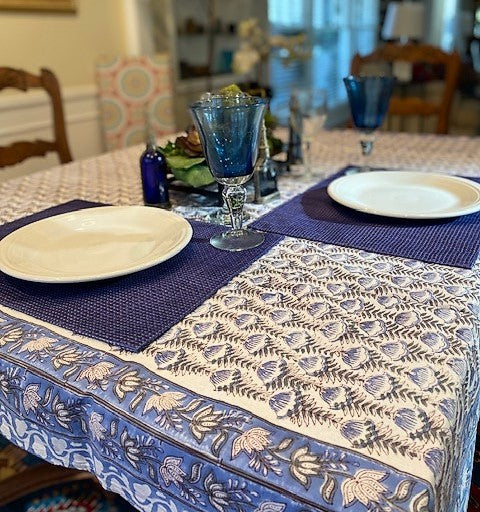 New Block Print Table Cloth in a Fresh Color Mix and Print