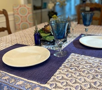 New Block Print Table Cloth in a Fresh Color Mix and Print