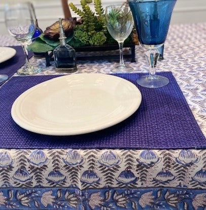 New Block Print Table Cloth in a Fresh Color Mix and Print