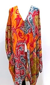 French Scroll 4 Button Short Silk Tunic (Blue/Red)