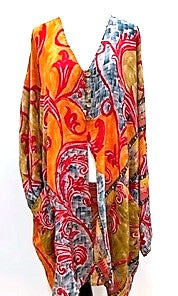 French Scroll 4 Button Short Silk Tunic (Blue/Red)