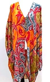 French Scroll 4 Button Short Silk Tunic (Blue/Red)