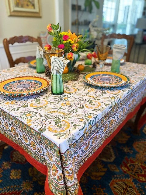 This Sophisticated Harvest Block Print Table Cloth (60x90) is exceptional. Sold as a set with 6 striped neutral napkins.