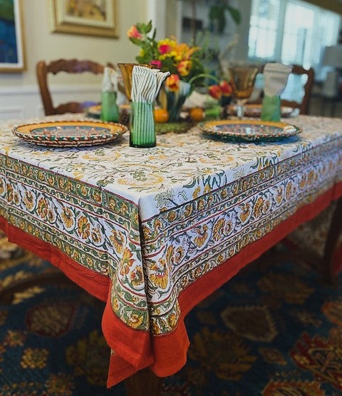 This Sophisticated Harvest Block Print Table Cloth (60x90) is exceptional. Sold as a set with 6 striped neutral napkins.