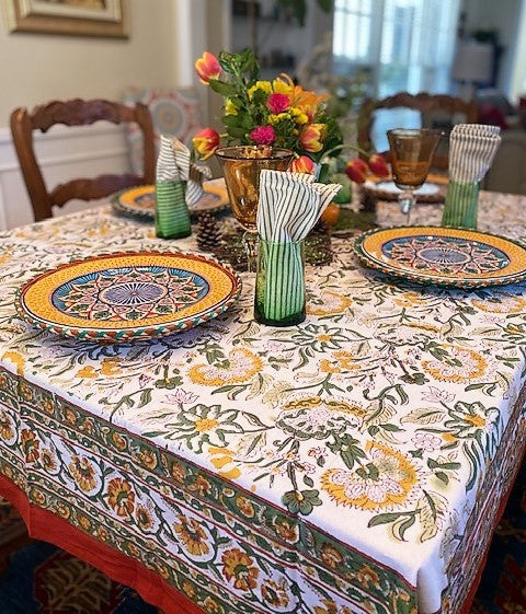 This Sophisticated Harvest Block Print Table Cloth (60x90) is exceptional. Sold as a set with 6 striped neutral napkins.