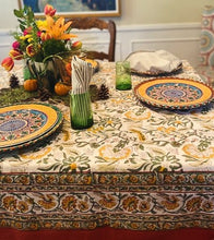 This Sophisticated Harvest Block Print Table Cloth (60x90) is exceptional. Sold as a set with 6 striped neutral napkins.