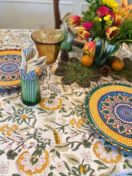 This Sophisticated Harvest Block Print Table Cloth (60x90) is exceptional. Sold as a set with 6 striped neutral napkins.