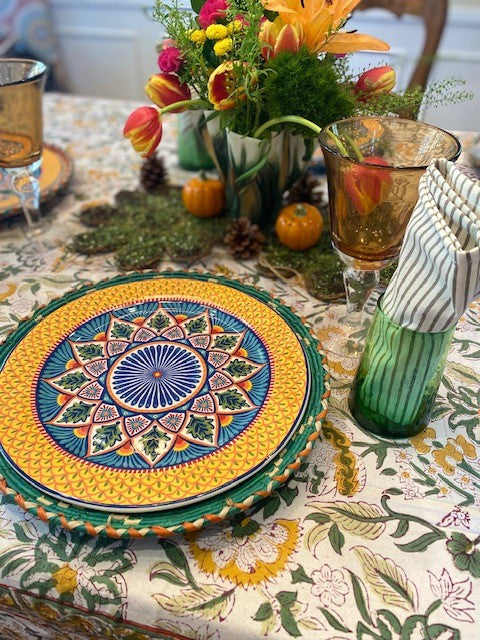 This Sophisticated Harvest Block Print Table Cloth (60x90) is exceptional. Sold as a set with 6 striped neutral napkins.