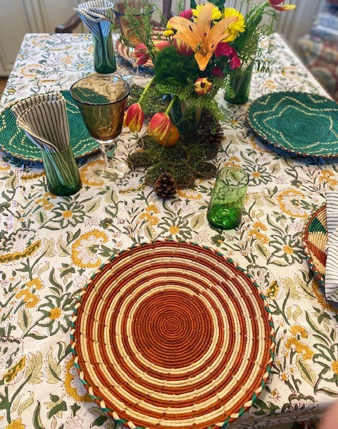 This Sophisticated Harvest Block Print Table Cloth (60x90) is exceptional. Sold as a set with 6 striped neutral napkins.