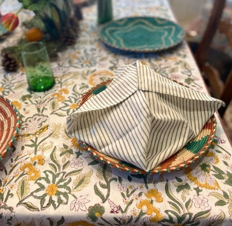 This Sophisticated Harvest Block Print Table Cloth (60x90) is exceptional. Sold as a set with 6 striped neutral napkins.