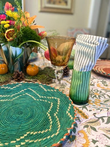 This Sophisticated Harvest Block Print Table Cloth (60x90) is exceptional. Sold as a set with 6 striped neutral napkins.