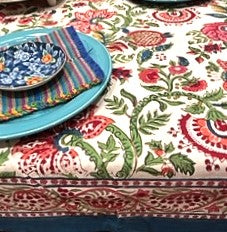 Block Printed Colorful Bouquet of Flowers Table Cloth (6 seater)