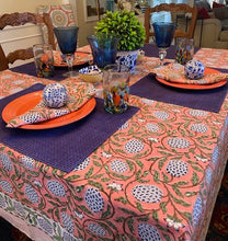 This Unusual Salmon and Navy Block Print Table Cloth (60x90) is exceptional.