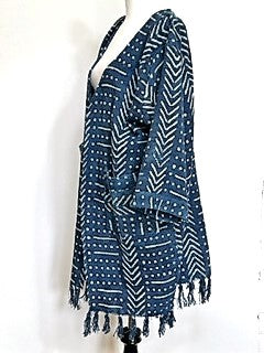 Hand Woven Block Print Cardigan in Black or Indigo