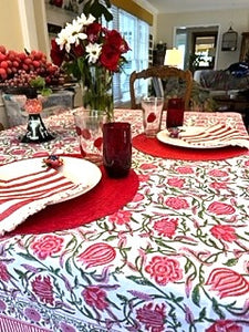 Inviting Floral Block Print Table Cloth with Stripe Border (60 x 60)