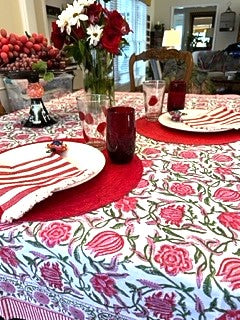 Inviting Floral Block Print Table Cloth with Stripe Border (60 x 60)