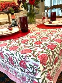 Inviting Floral Block Print Table Cloth with Stripe Border (60 x 60)