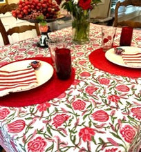 Inviting Floral Block Print Table Cloth with Stripe Border (60 x 60)