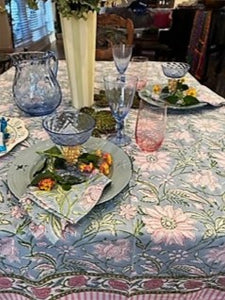 Set of Soft Pastels With 6 Mathing  Napkins: Block Print Table Cloth  (60 x 90)