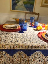 Stately  "Confetti" Table Cloth Incorporates Sophisticated Border with Mini Print Colors