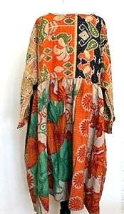 Artisan Kantha Quilt Float Dress. Comfortable and Very Chic (orange)