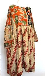 Artisan Kantha Quilt Float Dress. Comfortable and Very Chic (orange/green))