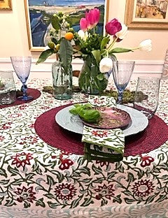 Set of Fields of Green Cotton Block Print Table Cloth with Napkins (60 X 90)