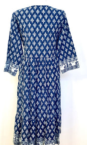 Navy Print Cotton Dress with a Full Circle Skirt