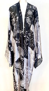 Contrast Long Silk Blend Kimono Duster (Black & White)