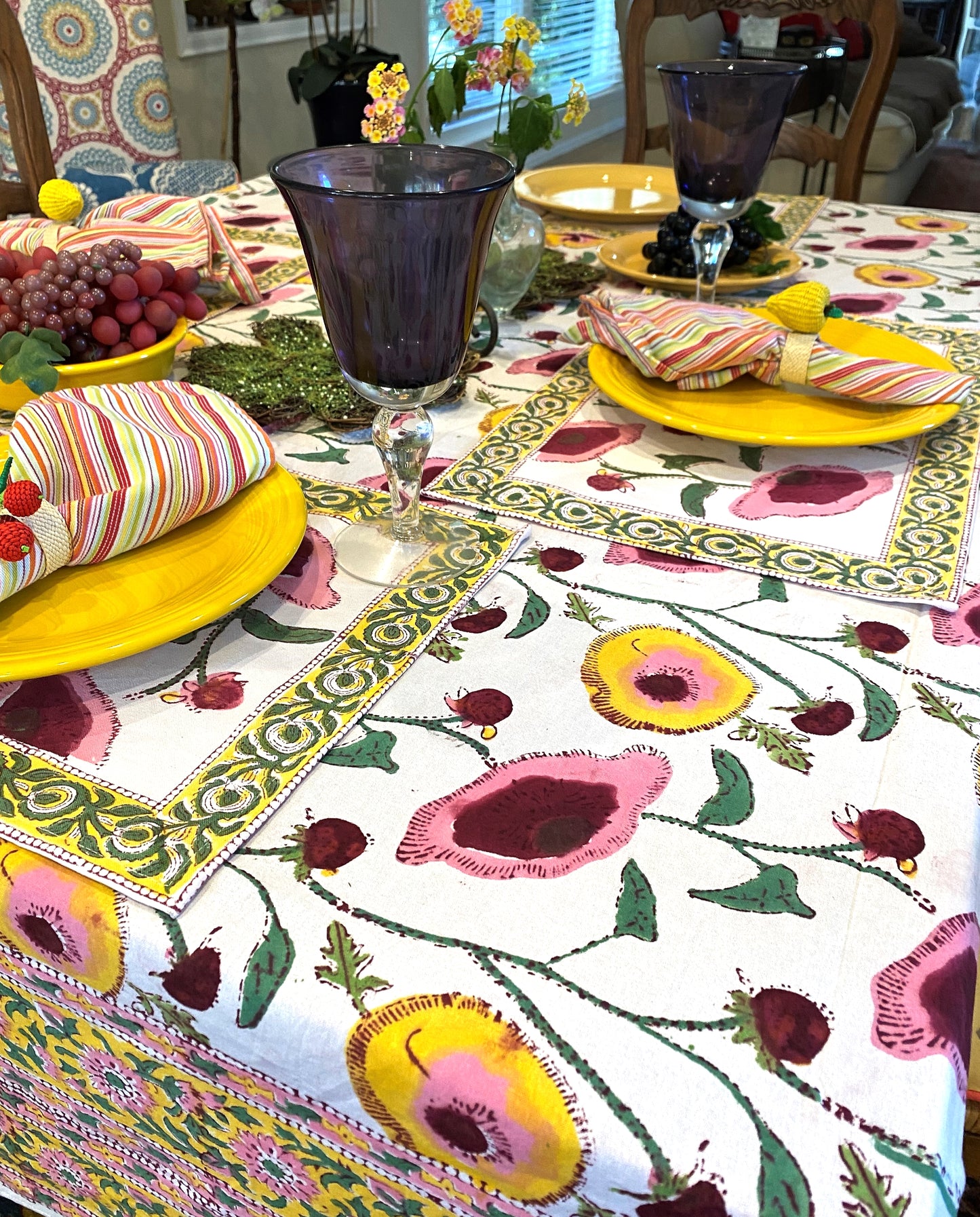 Our Mandalay Summer Tablecloth is welcoming and festive.