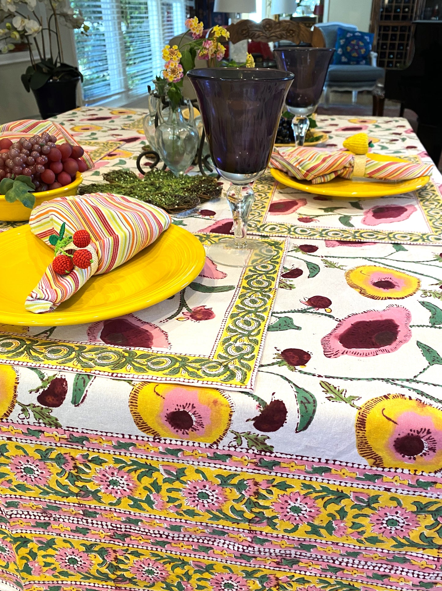 Our Mandalay Summer Tablecloth is welcoming and festive.