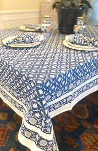 Navy Lotus Tablecloth is made with soft 100% cotton and is hand block printed by artisans