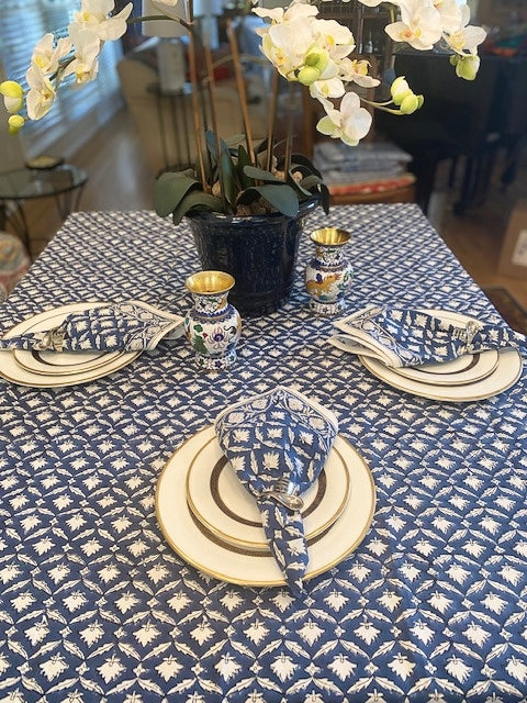 Navy Lotus Tablecloth is made with soft 100% cotton and is hand block printed by artisans