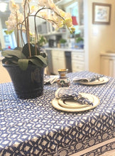 Navy Lotus Tablecloth is made with soft 100% cotton and is hand block printed by artisans