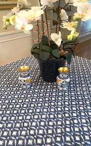 Navy Lotus Tablecloth is made with soft 100% cotton and is hand block printed by artisans