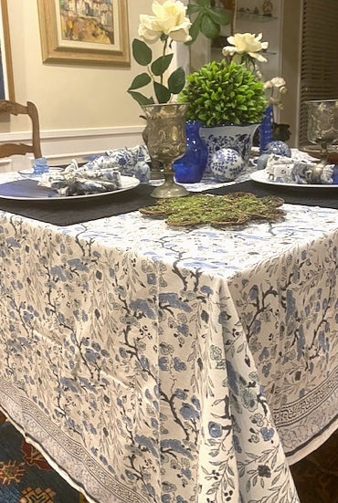 Spruce, Carolina and Powder Blue Indian Block Floral Print 100% Pure Cotton Tablecloth with Matching Napkins.