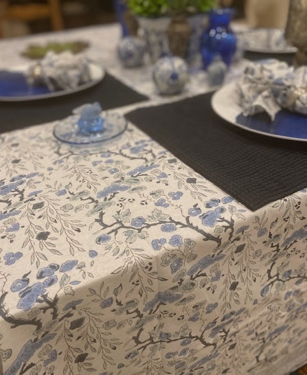 Spruce, Carolina and Powder Blue Indian Block Floral Print 100% Pure Cotton Tablecloth with Matching Napkins.