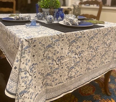 Spruce, Carolina and Powder Blue Indian Block Floral Print 100% Pure Cotton Tablecloth with Matching Napkins.