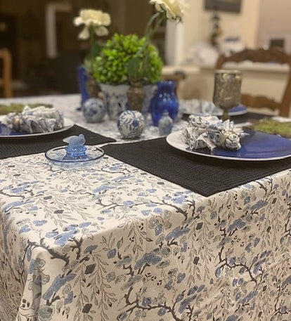 Spruce, Carolina and Powder Blue Indian Block Floral Print 100% Pure Cotton Tablecloth with Matching Napkins.