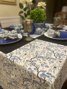 Spruce, Carolina and Powder Blue Indian Block Floral Print 100% Pure Cotton Tablecloth with Matching Napkins.