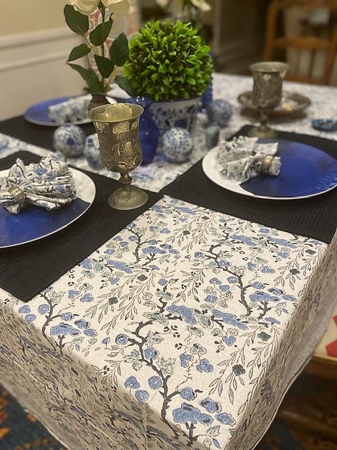 Spruce, Carolina and Powder Blue Indian Block Floral Print 100% Pure Cotton Tablecloth with Matching Napkins.