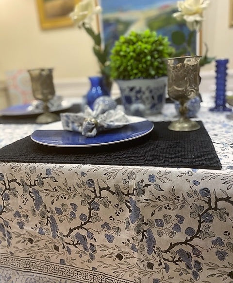 Spruce, Carolina and Powder Blue Indian Block Floral Print 100% Pure Cotton Tablecloth with Matching Napkins.