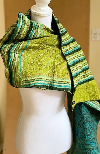 Artisan Silk Two Sided Shawl.  Purchase with a Purpose. Blue/Chartreuse