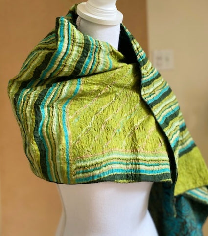 Artisan Silk Two Sided Shawl.  Purchase with a Purpose. Blue/Chartreuse